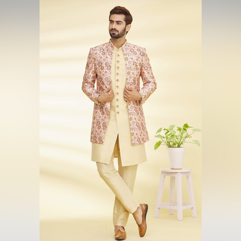 FLORAL KURTA JACKET WITH GOLD KURTA AND BOTTOMS